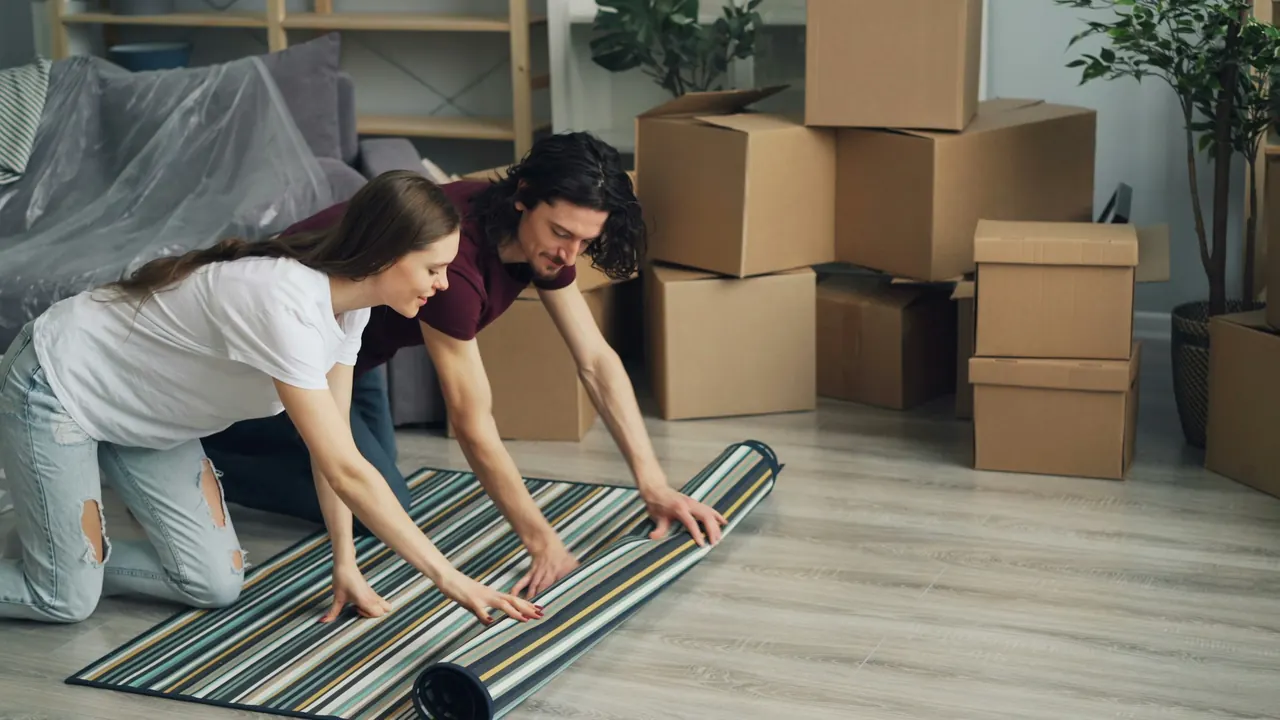 A couple unrolling a rug in their new home, surrounded by moving boxes
