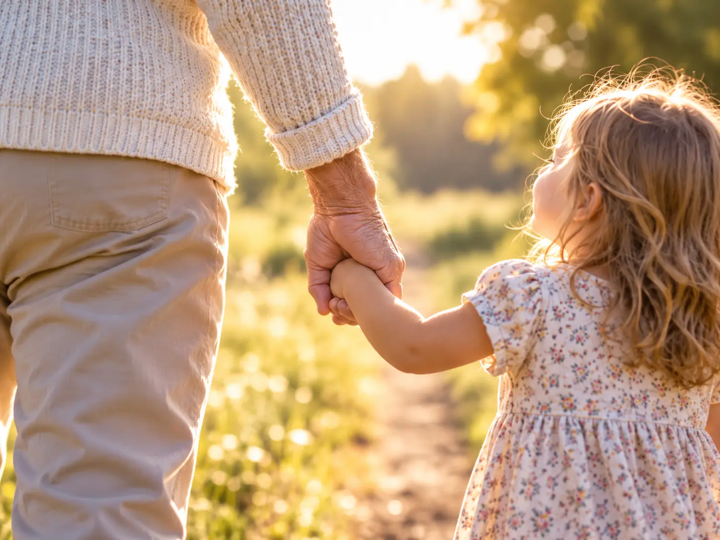 A grandparent and a young granddaughter walking hand in hand through a sunlit meadow